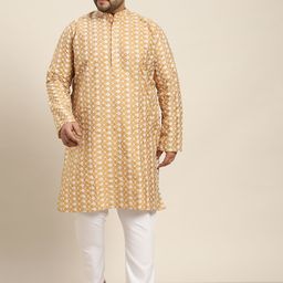 SOJANYA PLUS Men Golden & White Chikankari Embroidered Kurta with Churidar-47