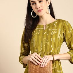 Anouk Olive Green & White Ethnic Motifs Pure Cotton A-Line Midi Dress-picture-14