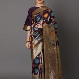 Mitera Purple & Gold-Coloured Silk Blend Woven Design Kanjeevaram Saree-picture-32