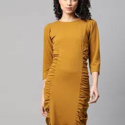 plusS Women Mustard Yellow Knitted Solid Sheath Dress-image-96