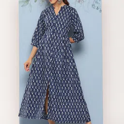 Libas A-Line Puff Sleeves Printed Cotton Midi Ethnic Dress-16