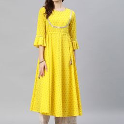 YASH GALLERY Women Yellow & Gold-Toned Printed A-Line Kurta-2