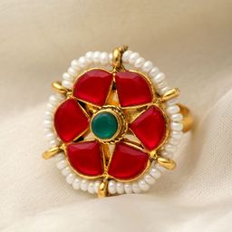 PANASH Gold-Plated Stone-Studded & Pearl Beaded Finger Ring-image-46