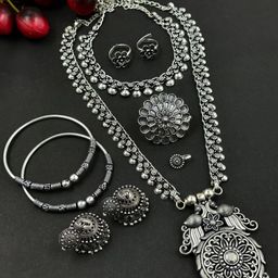 NAMAN ARTS Richa Silver Plated Oxidised Jewellery Set-image-96