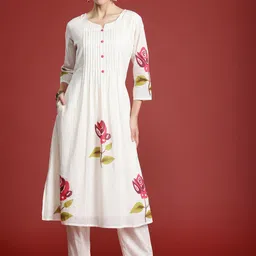 Indo Era Floral Printed Pure Cotton A-Line Kurta with Trousers-picture-42