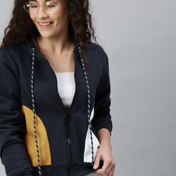 Campus Sutra Women Navy Blue Colourblocked Hooded Sweatshirt-image-78