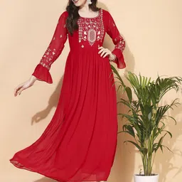 FASHOR Women Red Embellished Self Design A-Line Maxi Dress-18