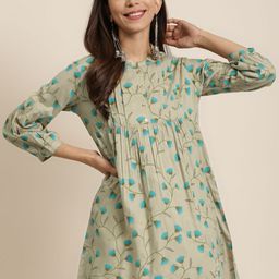 YASH GALLERY Women Beige & Blue Printed Pleated A-Line Kurti-image-25