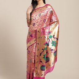 Saree mall Pink & Golden Ethnic Woven Design Banarasi Saree-image-72