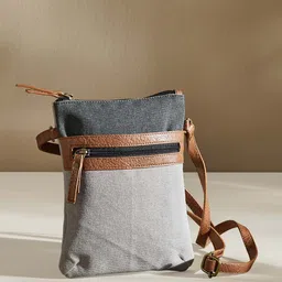 Mona B Women Grey & Tan Upcycled Canvas Crossbody Sling Bag-28