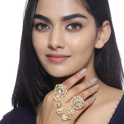 Shoshaa Women Gold-Plated Kundan-Studded Dual Finger Ring-image-1