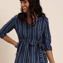 Taavi Navy Blue & White Woven Legacy Striped Wrap Sustainable Pure Cotton Top-2