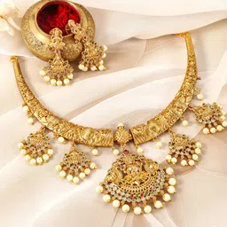 Rubans 22KT Gold-Plated Kundan Studded & Pearls Beaded Lakshmi God Jewellery Set-48