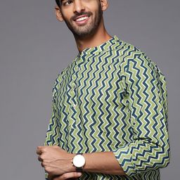 Indo Era Men Green & Navy Blue Chevron Printed Cotton Kurta-picture-15