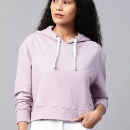 Roadster Women Lavender Solid Boxy Hooded Sweatshirt-image-19
