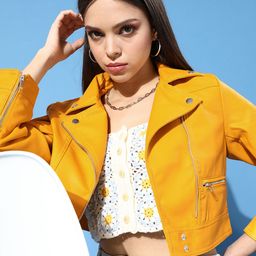 Tokyo Talkies Women Mustard Yellow Crop Biker Jacket-image-14