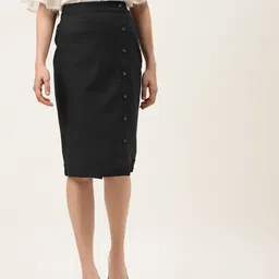 Off Label Women Black Solid Pure Cotton Pencil Skirt-image-86