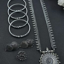 NAMAN ARTS Silver-Plated Oxidised Necklace Jewellery Set-46