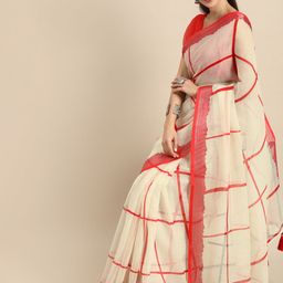 Anouk Red & Off-White Pure Linen Checked Saree image 2