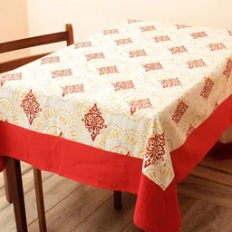 Soumya Set of 7 Red & Cream-Coloured Printed Pure Cotton 200TC Table Cover With 6 Napkins image 3