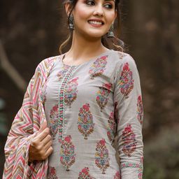 AHIKA Women Grey Printed Kurta with Trousers & With Dupatta-image-30