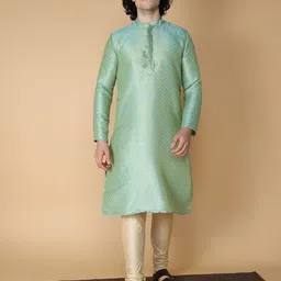 NAMASKAR Men Green Regular Pure Silk Kurta with Churidar-image-101