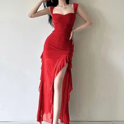 Alamode By Akanksha Women Red Cougar Ruffled Bodycon Maxi Dress-image-94