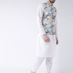 Hangup Men White & Multicoloured Solid Kurta with Pyjamas and Nehru Jacket image 4