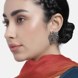LAIDA Silver-Plated Oxidised Peacock Shaped Studs-23