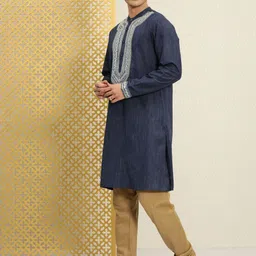 House of Pataudi Men Navy Blue Embroidered Striped Pattern Jashn Kurta-picture-3