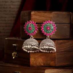 AARSHVI Silver-Plated Oxidised Dome Shaped Jhumkas-picture-53