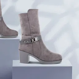 SHUZ TOUCH Grey PU Block Heeled Boots with Buckles-picture-8