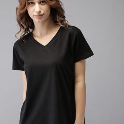 HERENOW Women Black Solid V-Neck Pure Cotton T-shirt-image-25