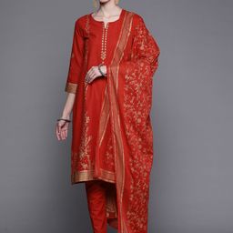 Biba Women Red & Golden Ethnic Motifs Printed Pure Cotton Kurta with Trousers & Dupatta-26