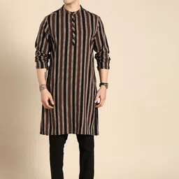Anouk Men Black And Orange Striped Kurta with Solid Trousers-38