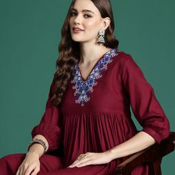 Sangria Embroidered Empire Ethnic Dress-image-49