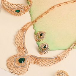 SOHI Gold-Plated White & Green Stone-Studded Jewellery Set-25