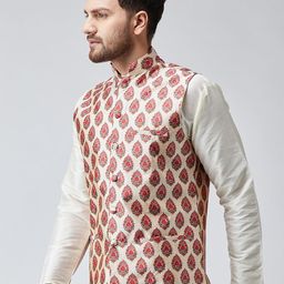 SOJANYA Maroon & Beige Printed Nehru Jacket image 5