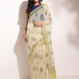 Fabindia Green Cotton Silk Hand Block Printed Sari-image-98