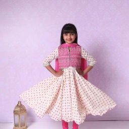 BIBA Girls White and Pink Printed Anarkali, Leggings, Jacket and Dupatta-image-34