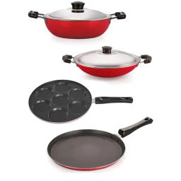 Nirlon Non-Stick Red Aluminium Cookware combo with Stainless Steel Lid set of 4 Piece-image-20