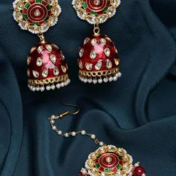 Panash Gold Toned Red Kundan Meenakari Maang Tikka & Earrings Set-16