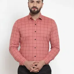 Jainish Peach Cotton Regular Fit Checks Shirt-image-83