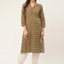 Jompers Brown & Green Pure Cotton Printed Straight Kurta-image-0