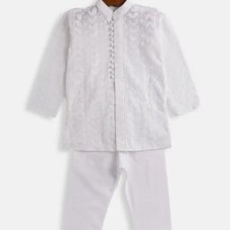 VASTRAMAY SISHU White Cotton Embroidered Kurta Set-image-12