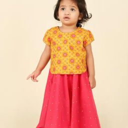 Fabindia Kids Yellow with Pink Floral Print Lehenga with Choli-image-20