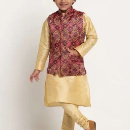 Benstoke Kids Gold & Rust Red Printed Full Sleeves Kurta Set-image-85