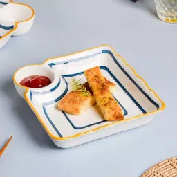 Nestasia microwave safe White and Blue Striped Nitori Ceramic Square Plate with dip Section for serving Momos, Fries, Kebabs and snacks  (7.2 Inch)-8