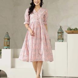 Stylum Pink Cotton Printed A-Line Dress-image-34