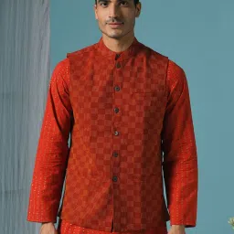 Fabindia Rust Cotton Regular Fit Self Pattern Nehru Jacket image 1